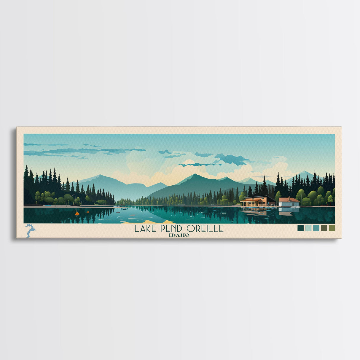 Lake Pend Oreille Idaho Framed Canvas Print, Panoramic Wall Art, Midcentury Modern, Pop Art, Living Room Decor, Travel Poster, Lake House Art