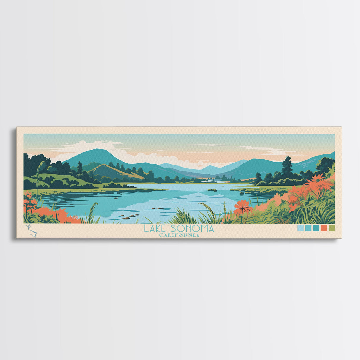 Lake Sonoma California Framed Canvas Print, Panoramic Wall Art, Midcentury Modern, Pop Art, Living Room Decor, Travel Poster, Lake House Art
