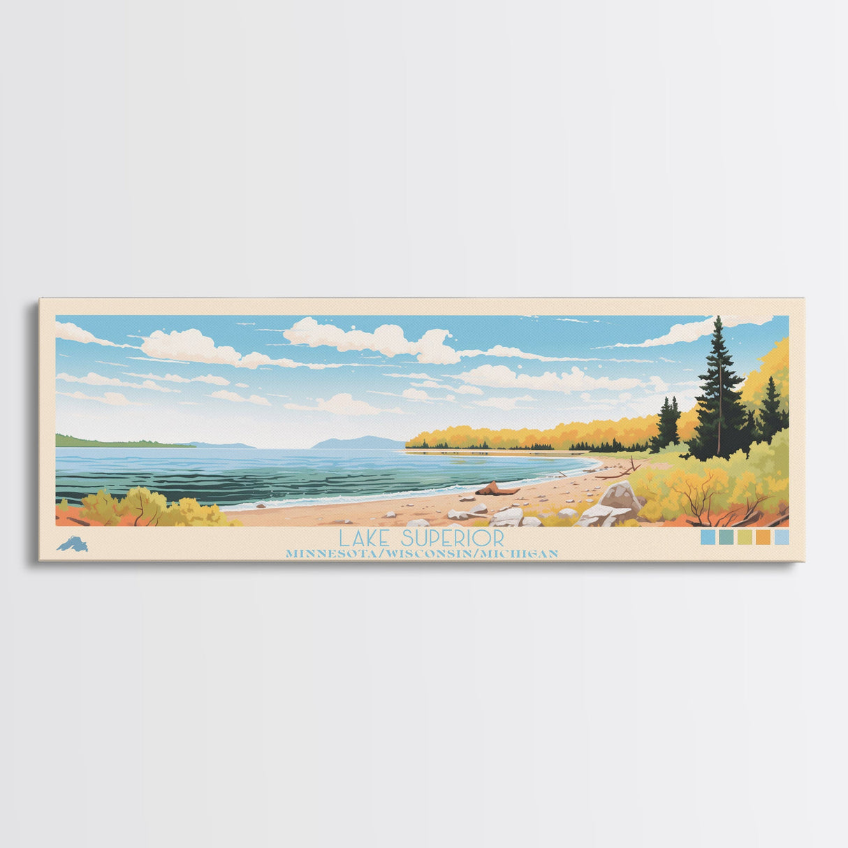 Lake Superior MinnesotaWisconsinMichigan Framed Canvas Print, Panoramic Wall Art, Midcentury Modern, Pop Art, Living Room Decor, Travel Poster, Lake House Art
