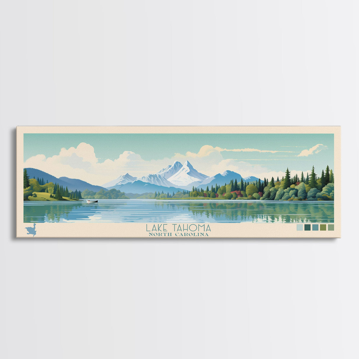 Lake Tahoma North Carolina Framed Canvas Print, Panoramic Wall Art, Midcentury Modern, Pop Art, Living Room Decor, Travel Poster, Lake House Art