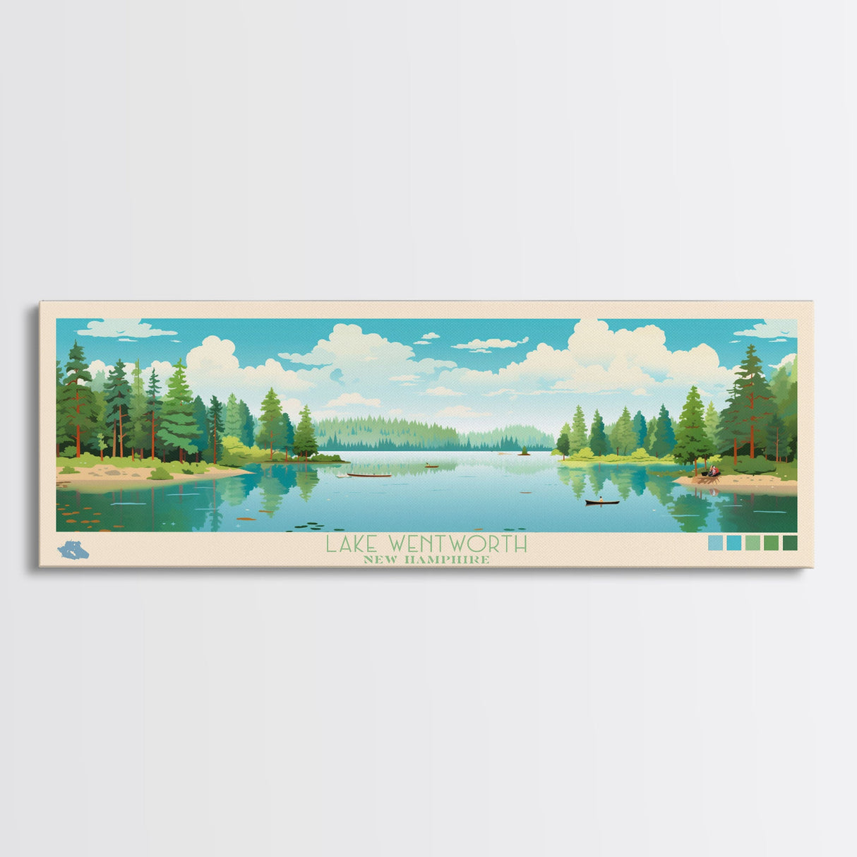 Lake Wentworth, New Hampshire Panoramic Wall Art Framed Canvas Print, Midcentury Modern, Pop Art, Home Decor, Travel Poster, Living Room Art