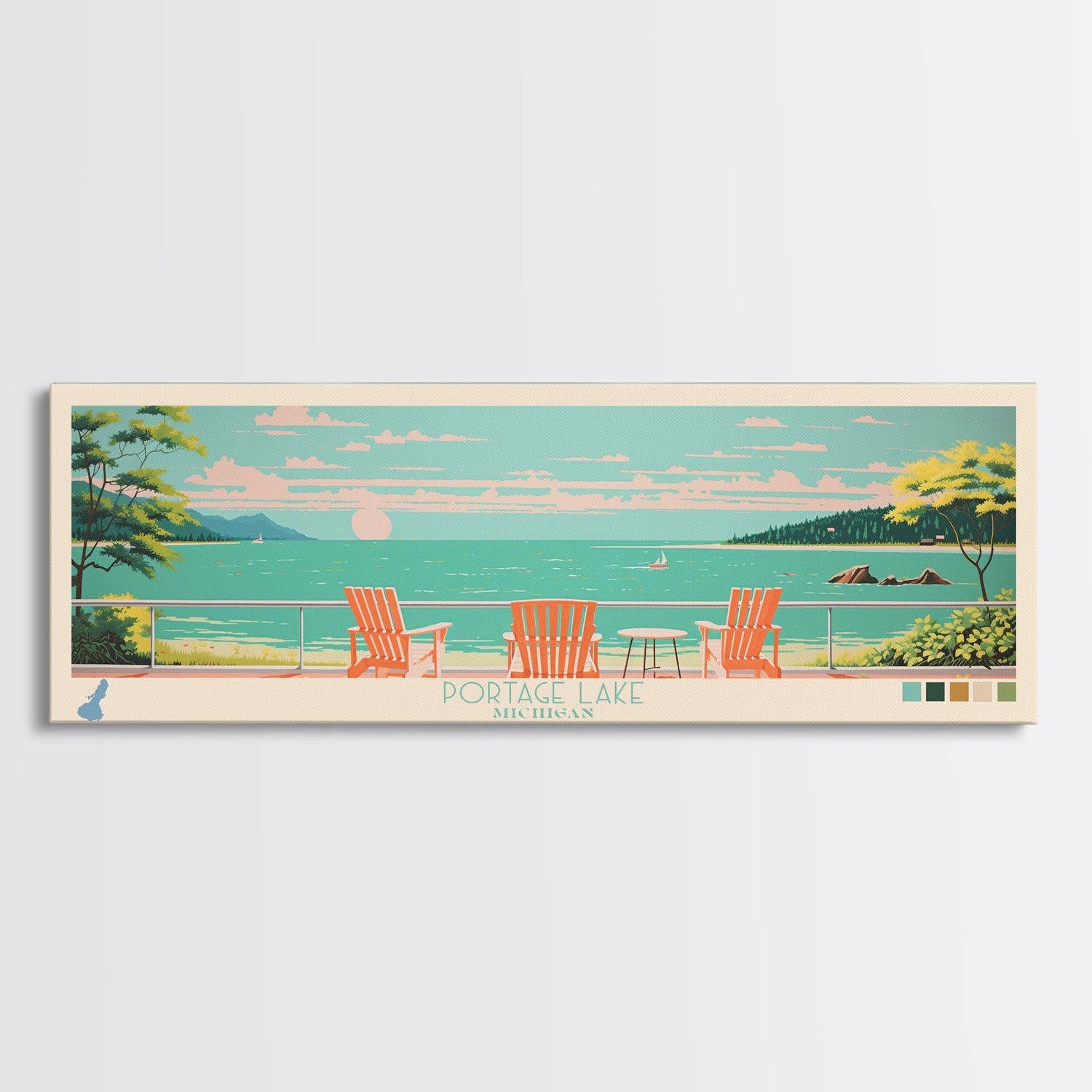 Portage Lake, Michigan Framed Canvas Print, Bedroom Art, Midcentury Modern, Pop Art, Panoramic Wall Art, Travel Poster