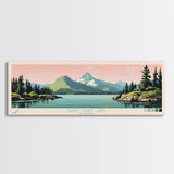 Saint Mary Lake, Montana Framed Canvas Print, Panoramic Travel Poster, Midcentury Modern Art, Bedroom Decor, Pop Art, Wall Art
