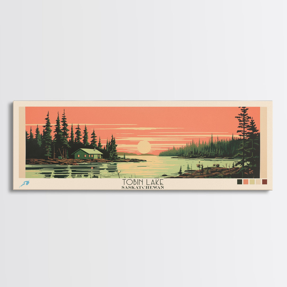 Tobin Lake, Saskatchewan Framed Canvas Print, Lake House Art, Midcentury Modern Decor, Pop Art, Travel Poster, Bedroom Wall Art