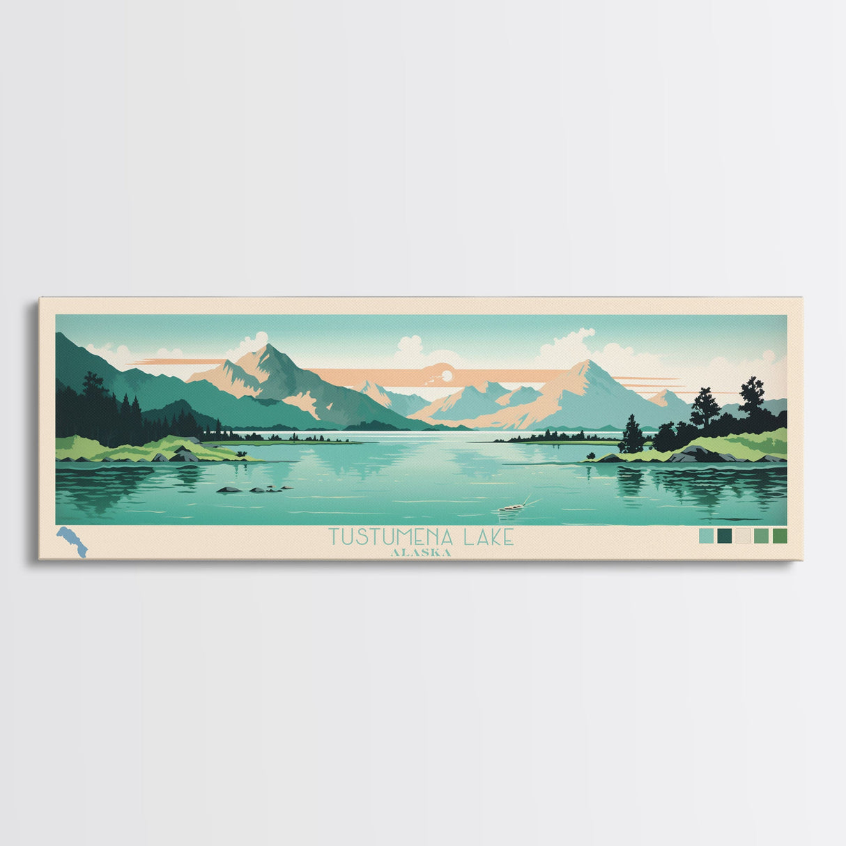 Tustumena Lake, Alaska Framed Canvas Print, Lake House Decor, Midcentury Modern Art, Pop Art, Travel Poster, Living Room Wall Art