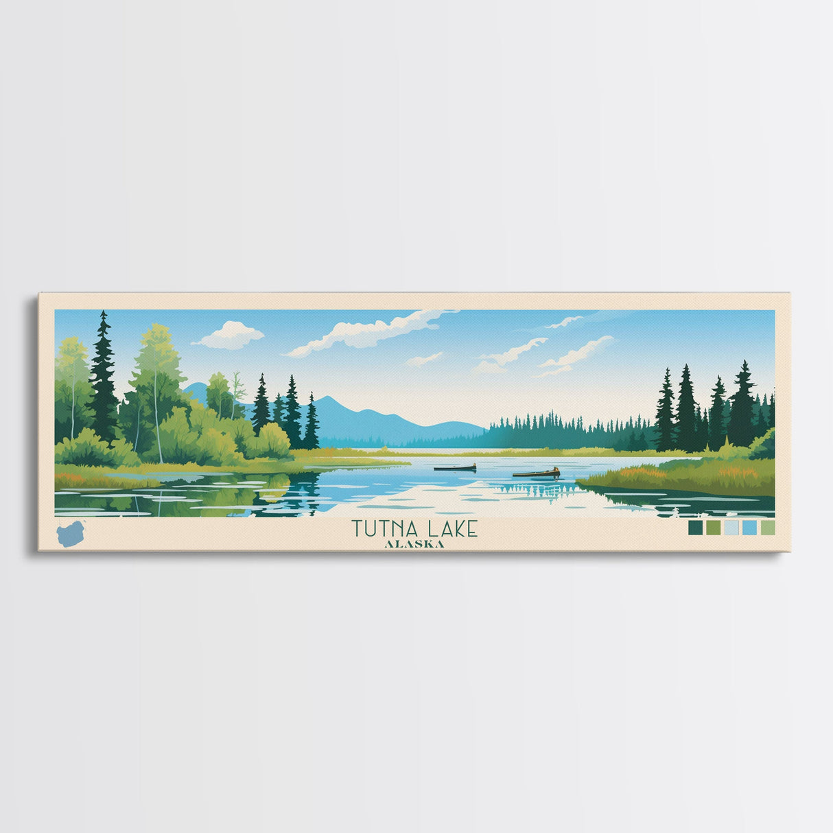 Tutna Lake, Alaska Framed Canvas Print, Lake House Art, Midcentury Modern Decor, Pop Art, Travel Poster, Bedroom Wall Art