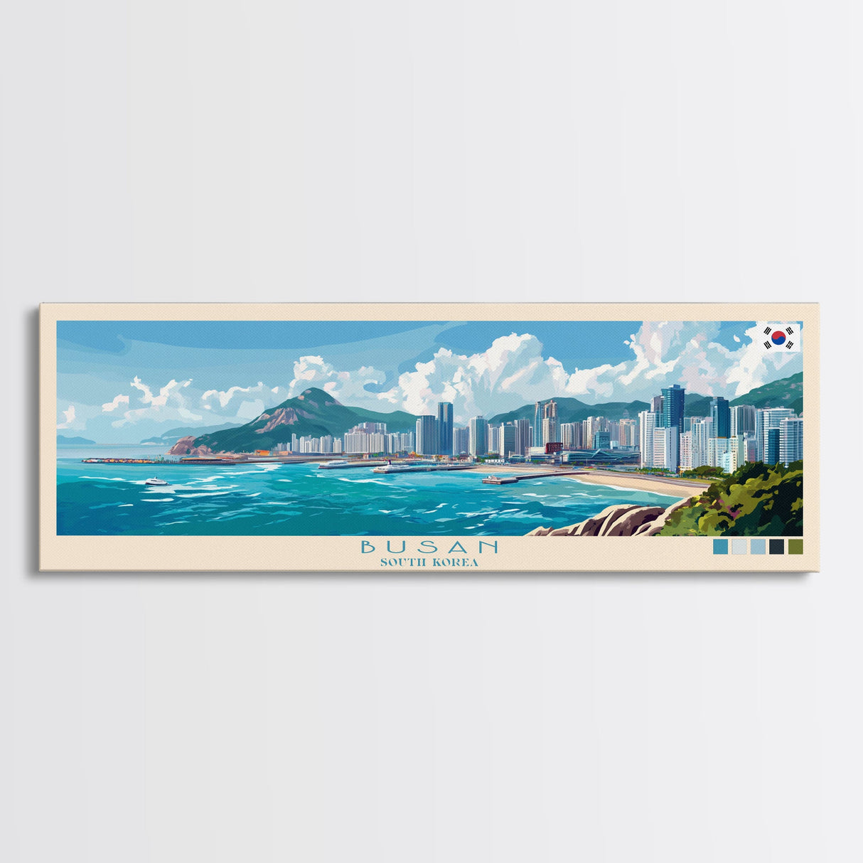 Busan, South Korea Travel Poster Panoramic Canvas Print, Busan, South Korea Painting, South Korea Art, Busan Travel Art, Guest Room Painting