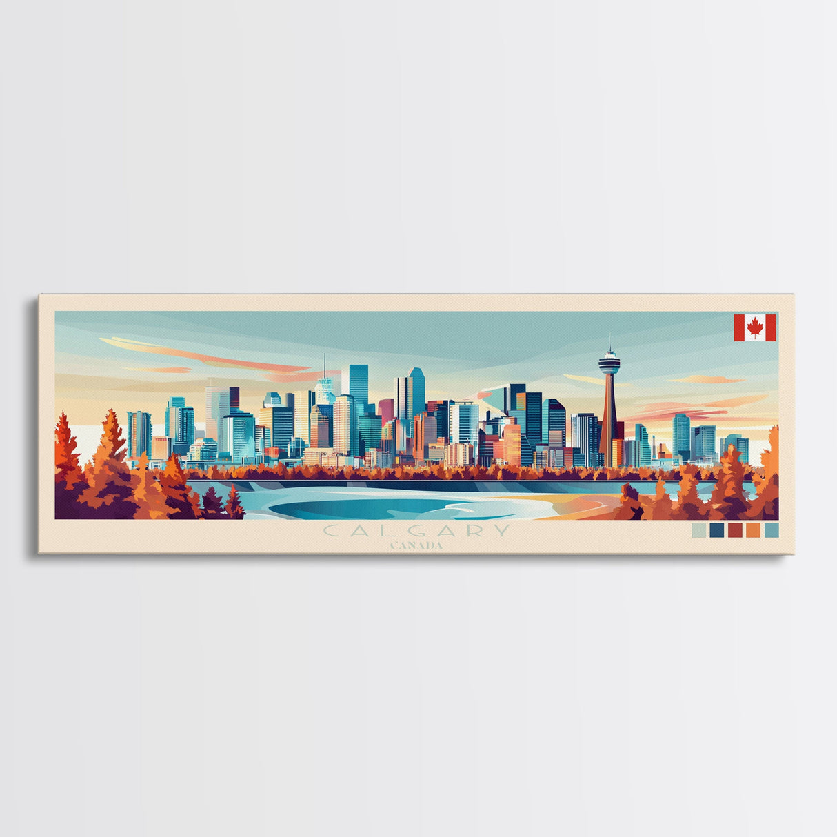 Calgary, Canada Panoramic Travel Poster Canvas Print, Calgary, Canada Painting, Canada Art, Calgary Travel Art, Living Room Painting