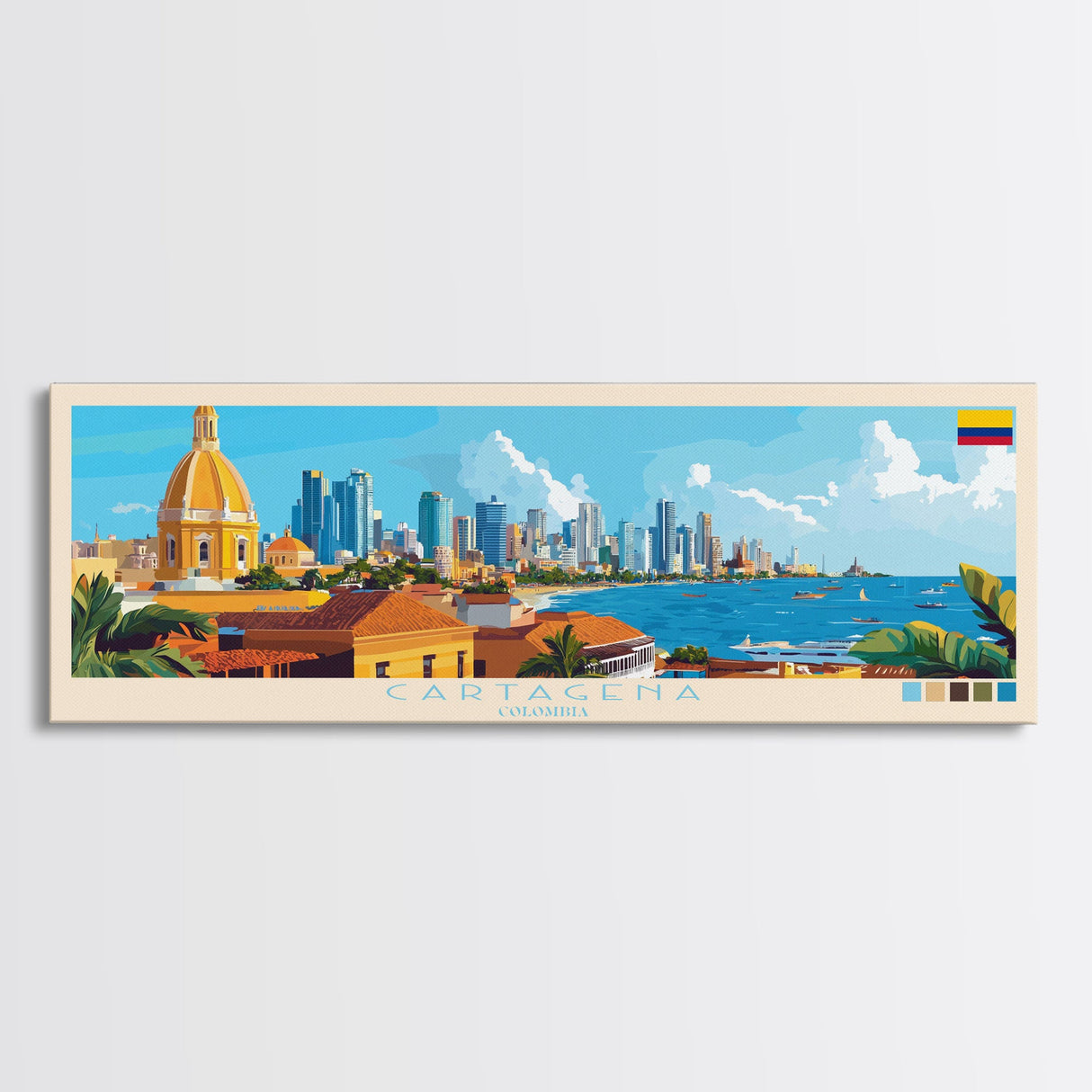 Cartagena, Colombia Panoramic Travel Poster Canvas Print, Cartagena, Colombia Painting, Colombia Art, Cartagena Travel Art, Guest Room Painting