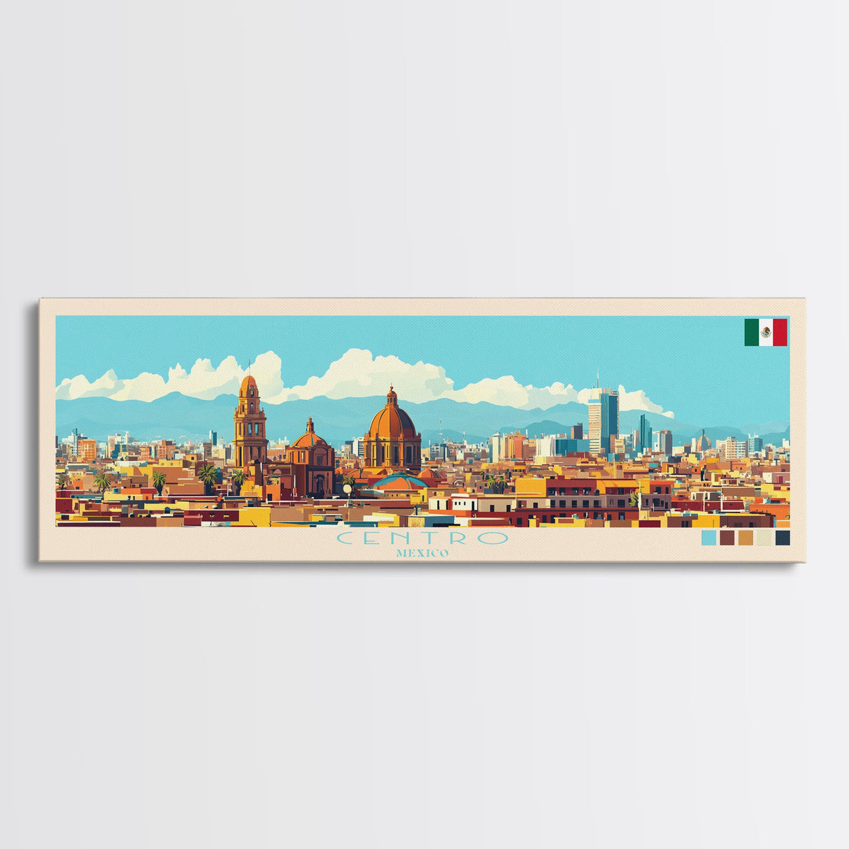 Centro, Mexico Panoramic Travel Poster Canvas Print, Centro, Mexico Painting, Mexico Art, Centro Travel Art, Guest Room Painting