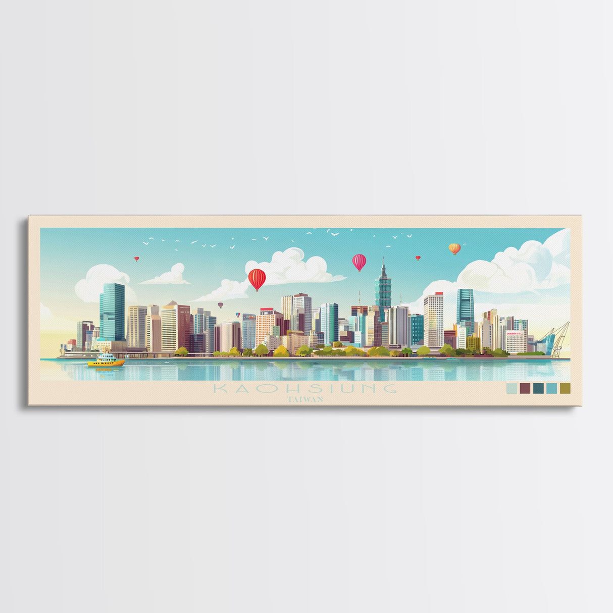 Kaohsiung, Taiwan Panoramic Travel Poster Canvas Print, Kaohsiung, Taiwan Painting, Taiwan Art, Kaohsiung Travel Art, Guest Room Painting