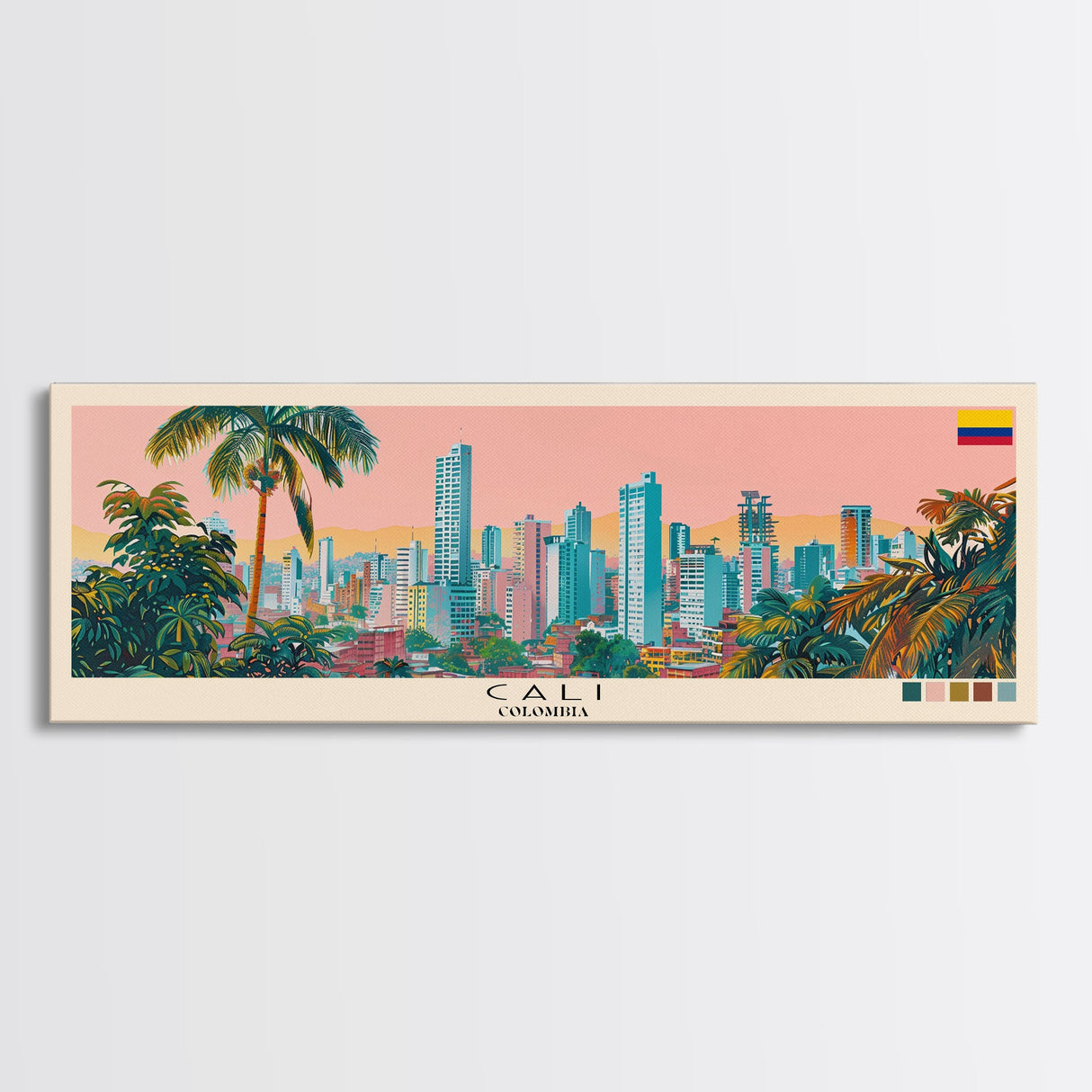 Cali, Colombia Panoramic Canvas Print, Cali, Colombia Painting, Colombia Art, Cali Travel Poster, Travel Art, Vacation Gift