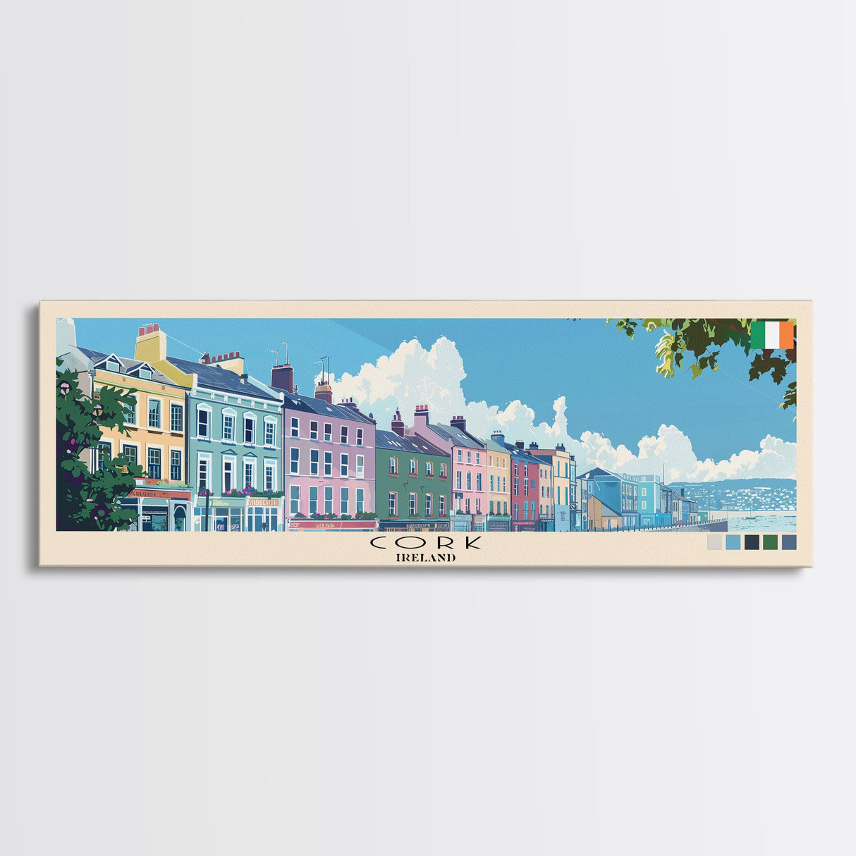 Cork, Ireland Panoramic Canvas Print, Cork, Ireland Painting, Ireland Art, Cork Travel Poster, Travel Art, Guest Room Painting