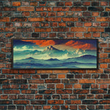 Beautiful Fantasy Mountain Landscape With Orange Clouds, Framed Canvas Print, Ready To Hang Panoramic Wall Decorr