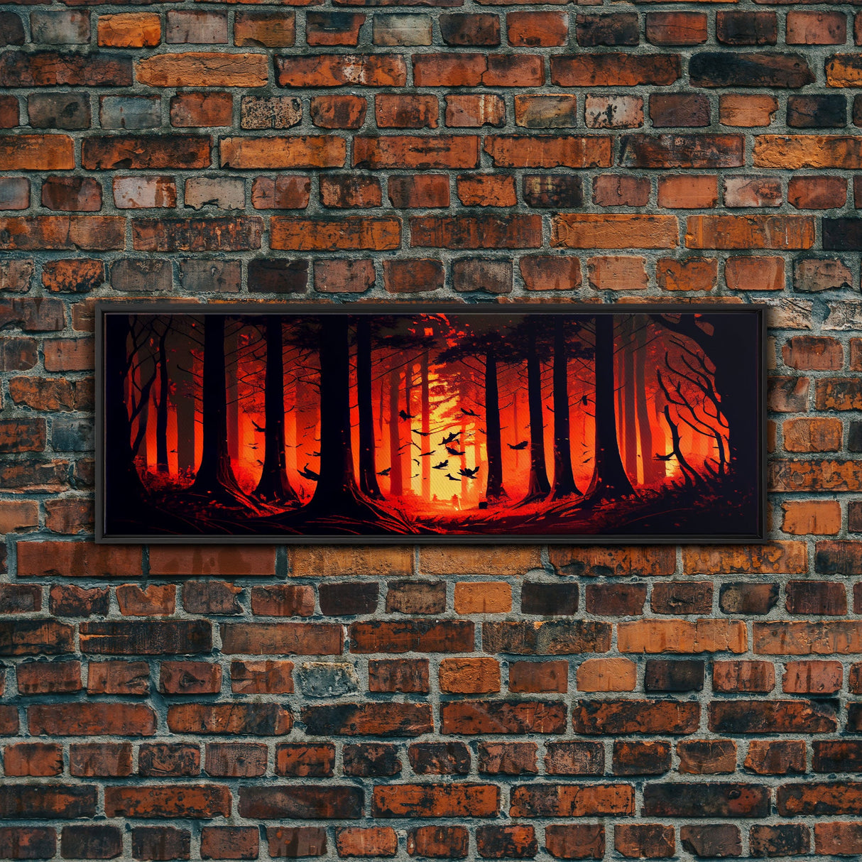 Forest Landscape Art, Forest Fire, Fall / Autumn Decor, Panoramic Wall Art, Framed Canvas Print, Orange and Yellow Fantasy Forest