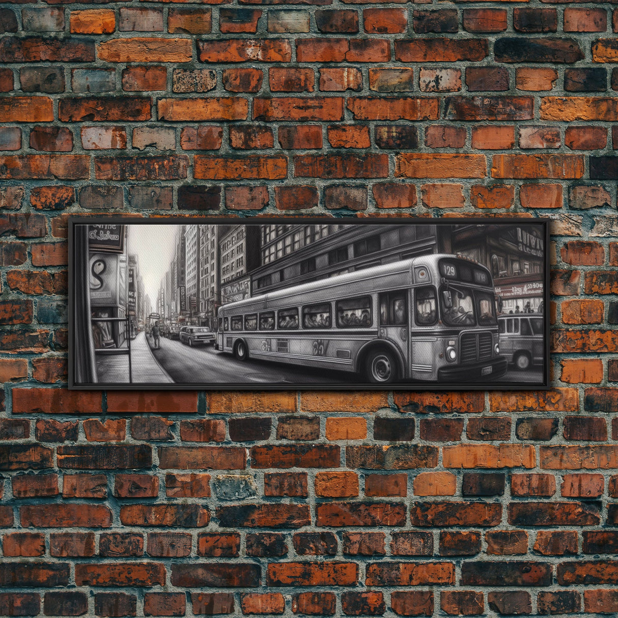Detailed Street Pencil Sketch Canvas Print, City Wall Art, Bus, Cars, Traffic, Buildings, Urban Art Print, Panoramic, Wall Art, Canvas Print
