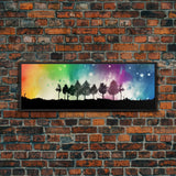 Large Abstract Art Print, Colorful Watercolor Sky, Silhouette Trees, Tie Die Sky, Framed Canvas Print, Panoramic, Wall Art, Canvas Print
