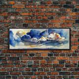 Whimsical Clouds Wall Decor, Ready To Hang Canvas Print, Panoramic, Clouds and Blue Sky, Guest Room Art, Minimalist Decor