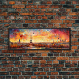 Eiffel Tower Abstract Paris France Panoramic Framed Canvas Print, Van Gogh Inspired Original Painting, Colorful Wall Art