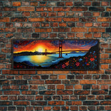 Golden Gate Bridge Abstract Panoramic Framed Canvas Print, Van Gogh Inspired Original Painting, Colorful California Wall Art