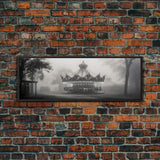 Creepy Carousel / Merry Go Round Wall Art, Framed Canvas Print, Black And White Art