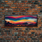 Beautiful Panoramic Sunset Watercolor, Extra Large Wall Art, Framed Panoramic Canvas Print, Framed Wall Art