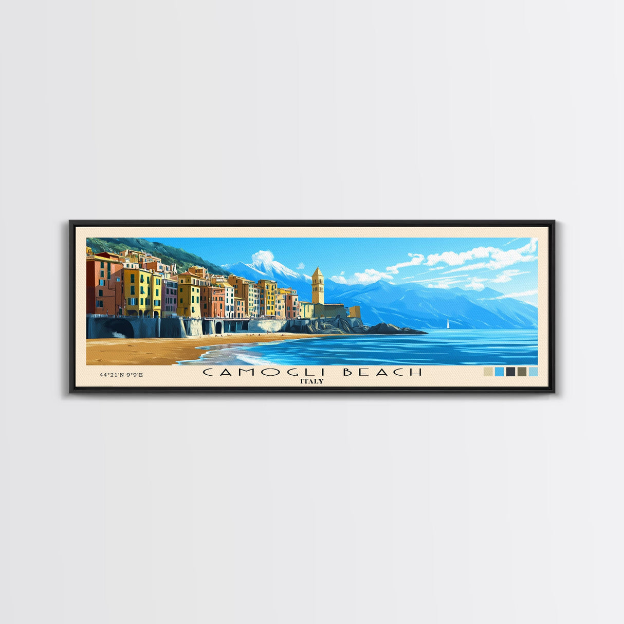 Camogli Beach, Italy Panoramic Beach Print, Vacation Gift, Italy Wall Art, Beach Painting, Beach Decor, Beach Painting
