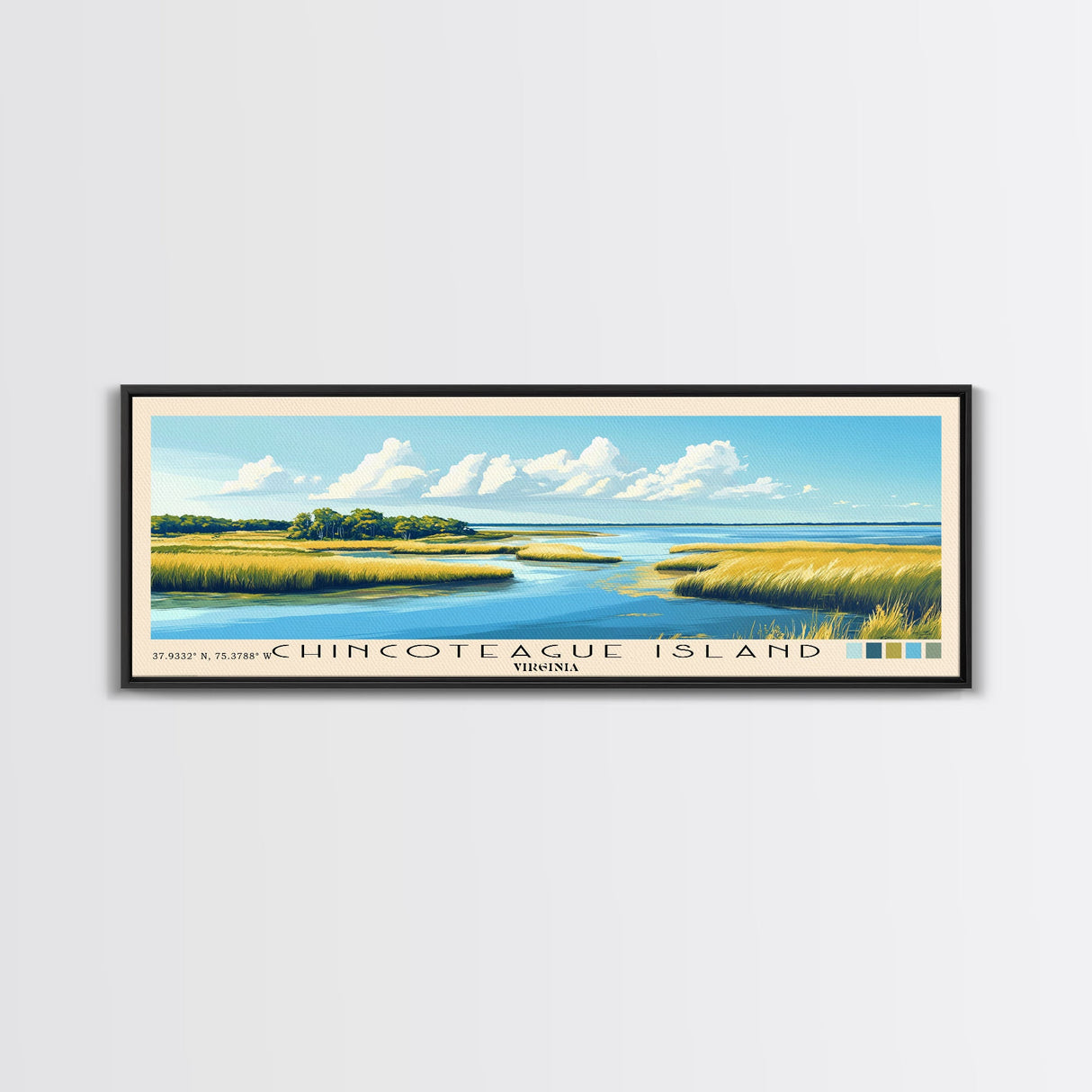 Chincoteague Island, Virginia Panoramic Beach Print, Vacation Gift, Virginia Wall Art, Framed Canvas Print, Framed Beach Painting