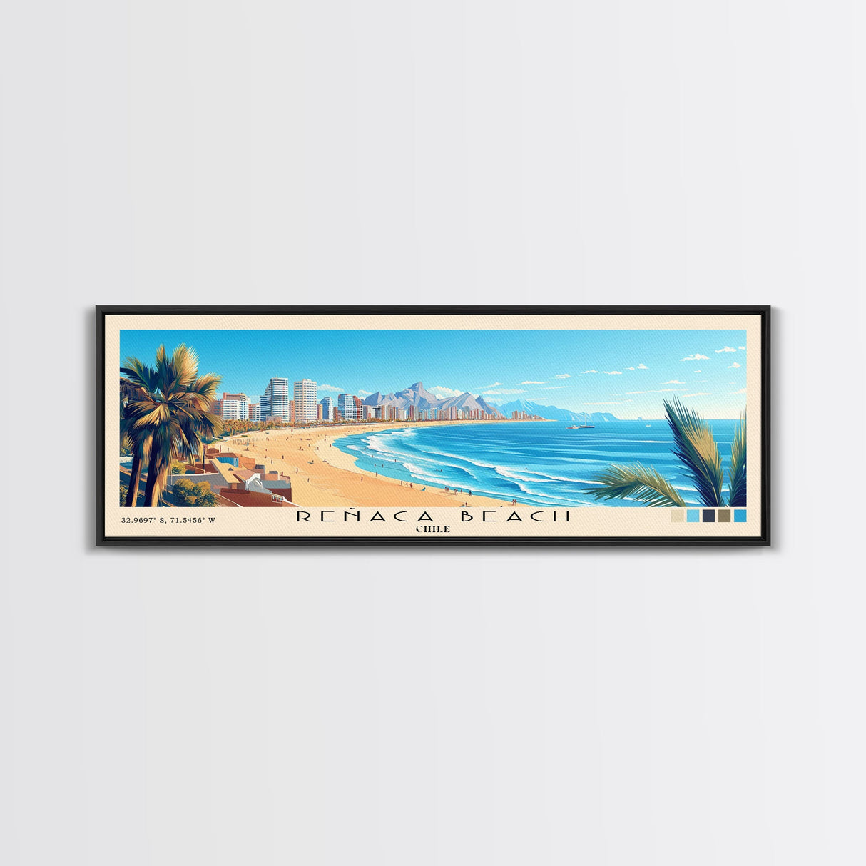 Reñaca beach, Chile Panoramic Print, Vacation Gift, Chile Wall Art, Beach Painting, Beach Decor, Large Wall Art, Wood Frame Art