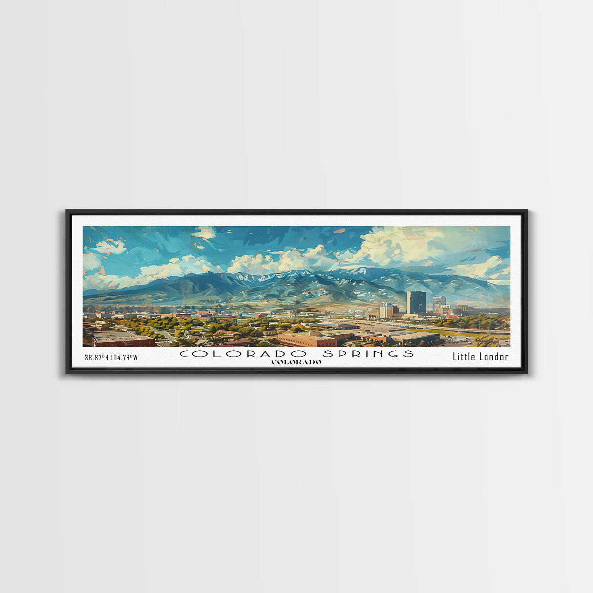 Colorado Springs Colorado Panoramic Watercolor Painting Framed Canvas Print, Travel Poster Art, Mountain Cityscape, Living Room Decor, Wall Art, Office Decoration, Colorado Gift