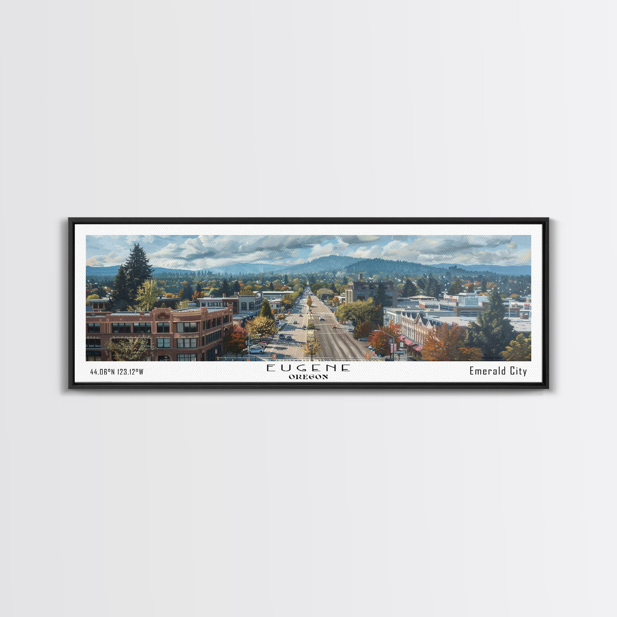Eugene Oregon Panoramic Watercolor Painting, Scenic Framed Canvas Print, Urban Wall Art for Office, Travel Poster, Home Decor, City Gift Idea