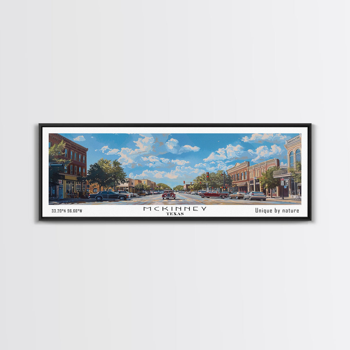 McKinney Texas Panoramic Framed Canvas Print, Beautiful Watercolor Art, Perfect Office Wall Decor, Living Room Art, Travel Poster, City Print
