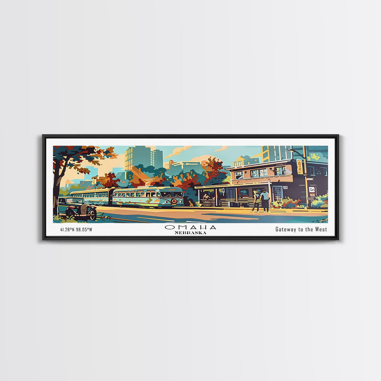 Omaha Nebraska Panoramic Painting, Mid Century Modern Framed Canvas Print, Retro Pop Art Travel Poster, Living Room Art, Home Decor, Office Wall Art, Vintage Style