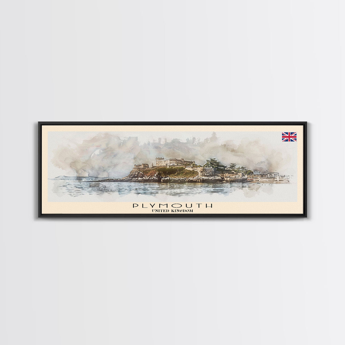 Plymouth United Kingdom Panoramic Travel Poster, Framed Canvas Print or Metal Wall Art, Travel Art, Home Decor, Panoramic Painting, Midcentury Art