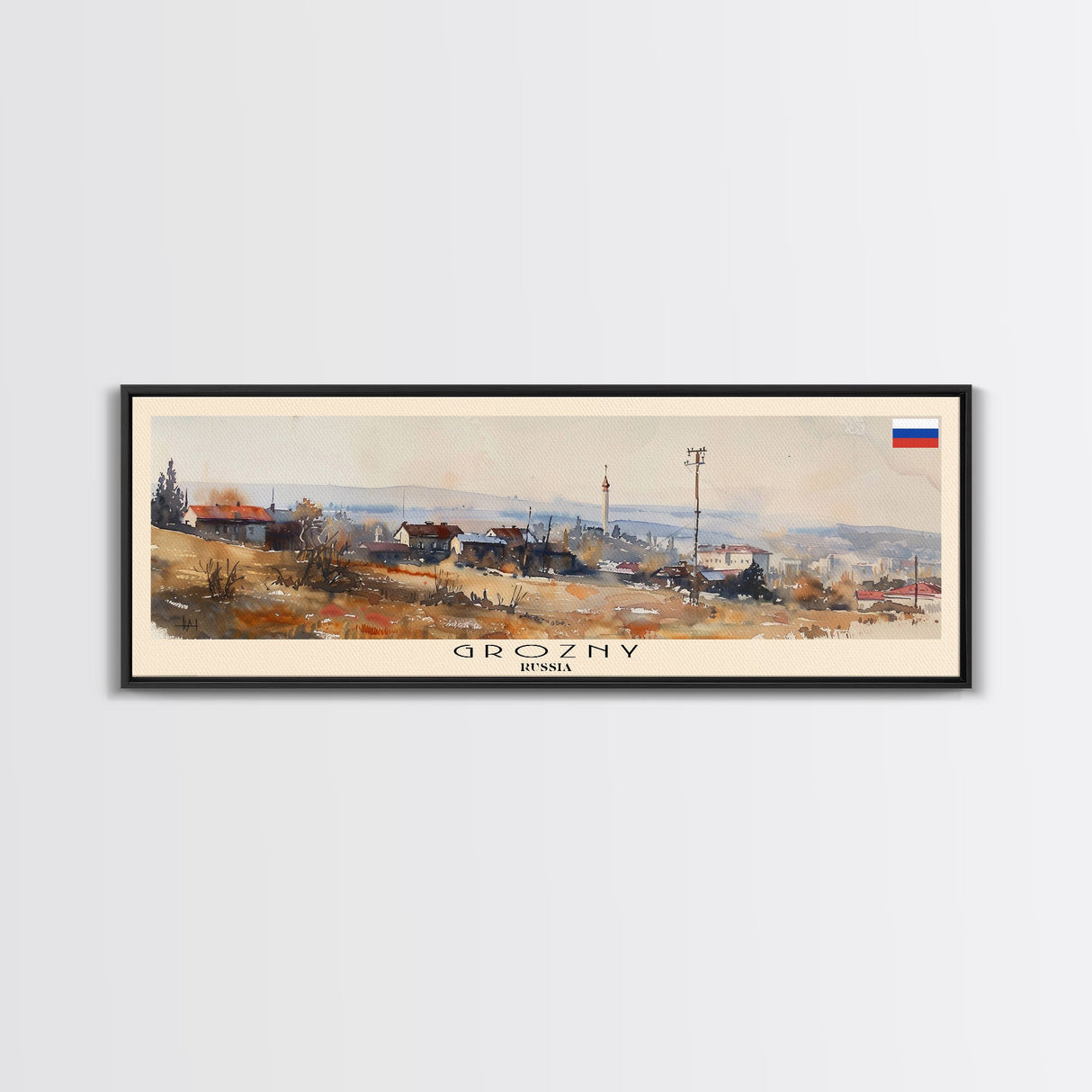 Grozny Russia Panoramic Travel Poster, Framed Canvas Print or Metal Wall Art, Travel Art, Home Decor, Panoramic Painting, Midcentury Art