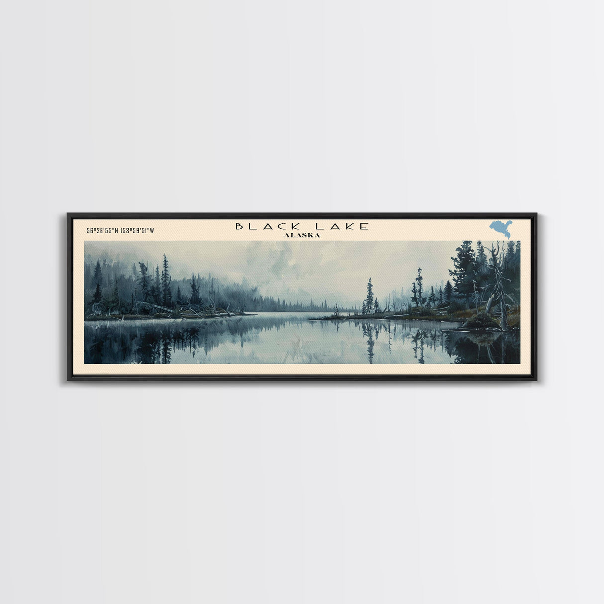 Black Lake USA SW Alaska Framed Canvas Print, Lake House Art, Panoramic Scenic View, Travel Poster, Rustic Art, Lake Painting