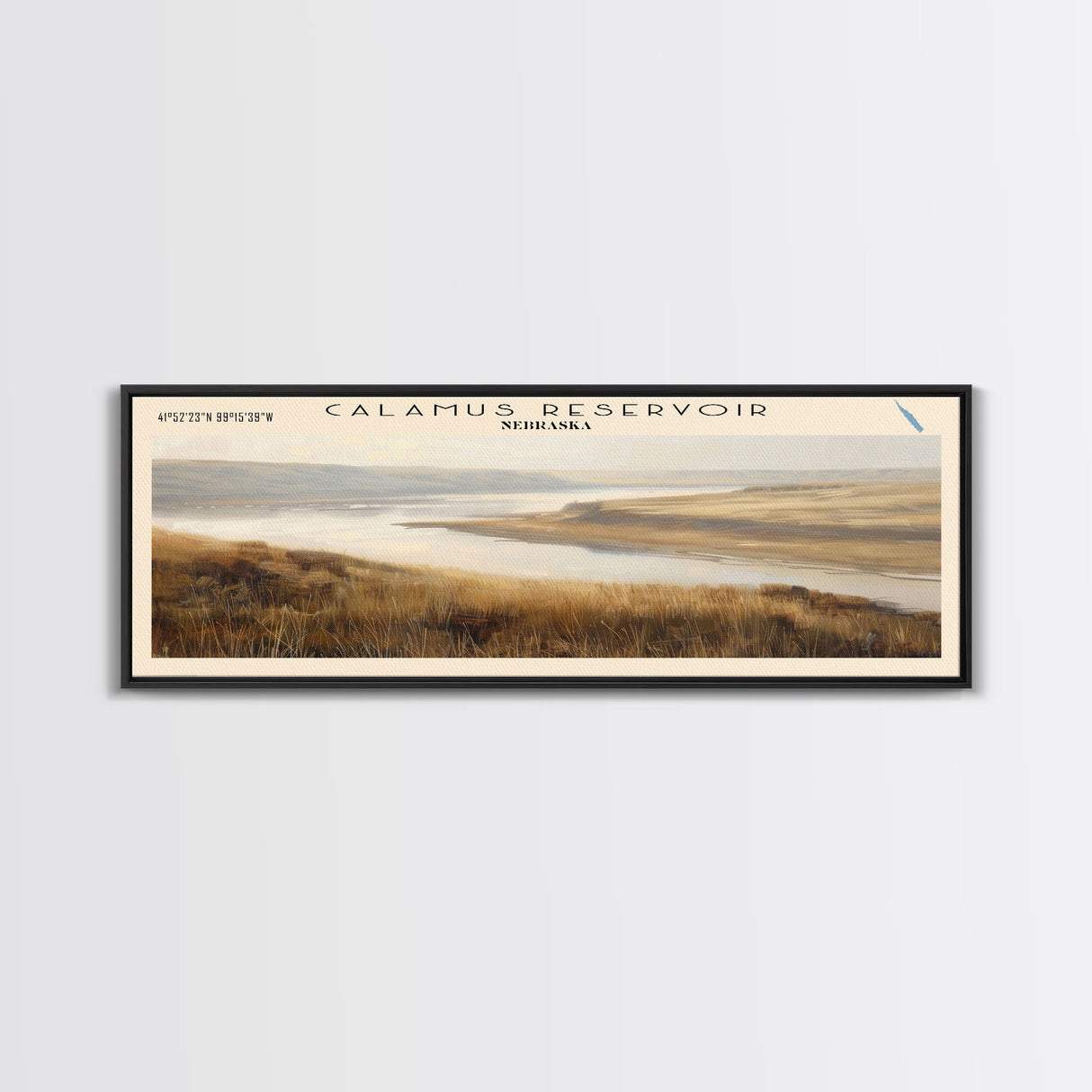 Calamus Reservoir Nebraska Framed Canvas Print, Panoramic Lake House Decor, Wall Art, Travel Poster, Rustic Lake Painting, Nature Art