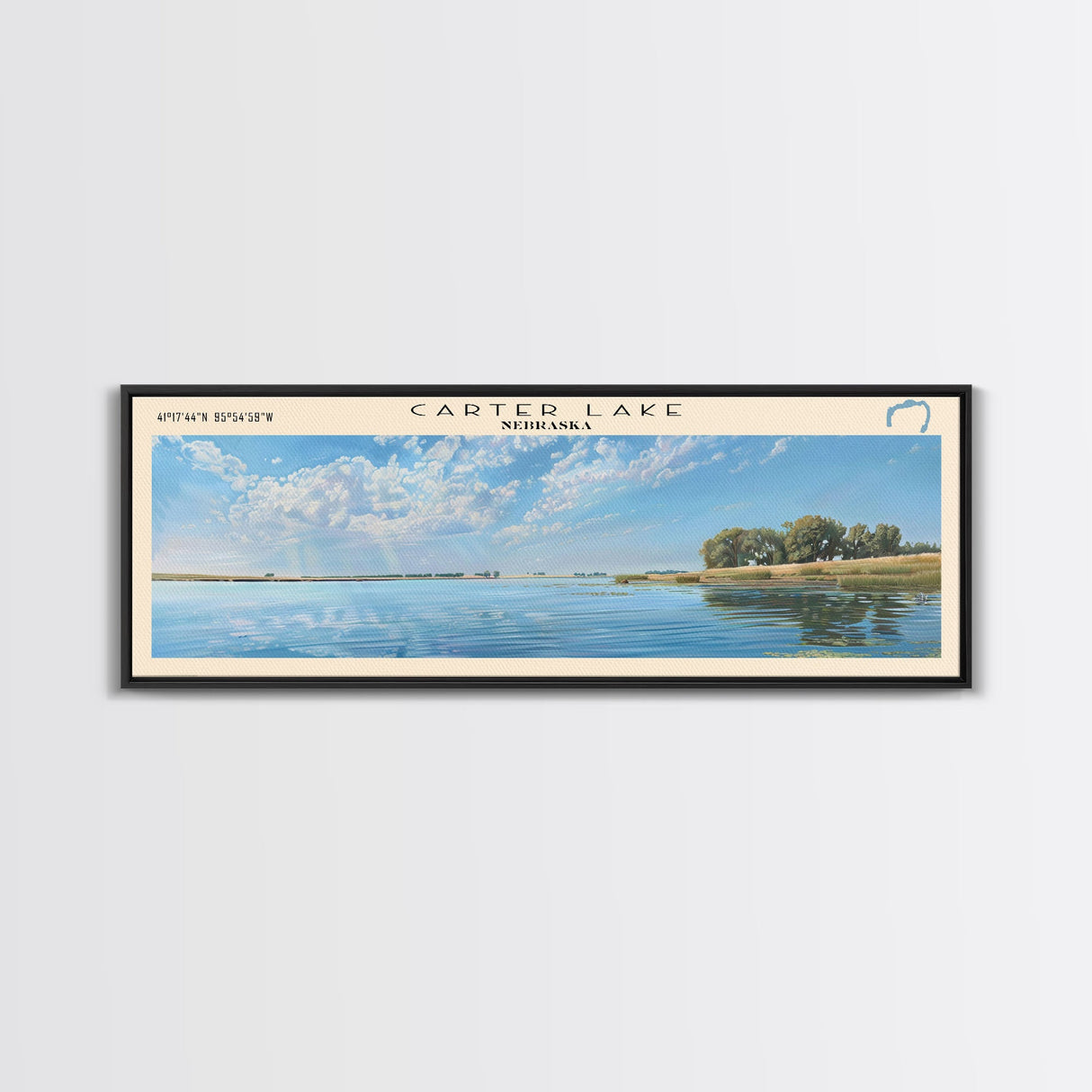 Carter Lake Nebraska Framed Canvas Print, Lake House Art, Panoramic Wall Art, Travel Poster, Modern Lake Painting, Home Decor