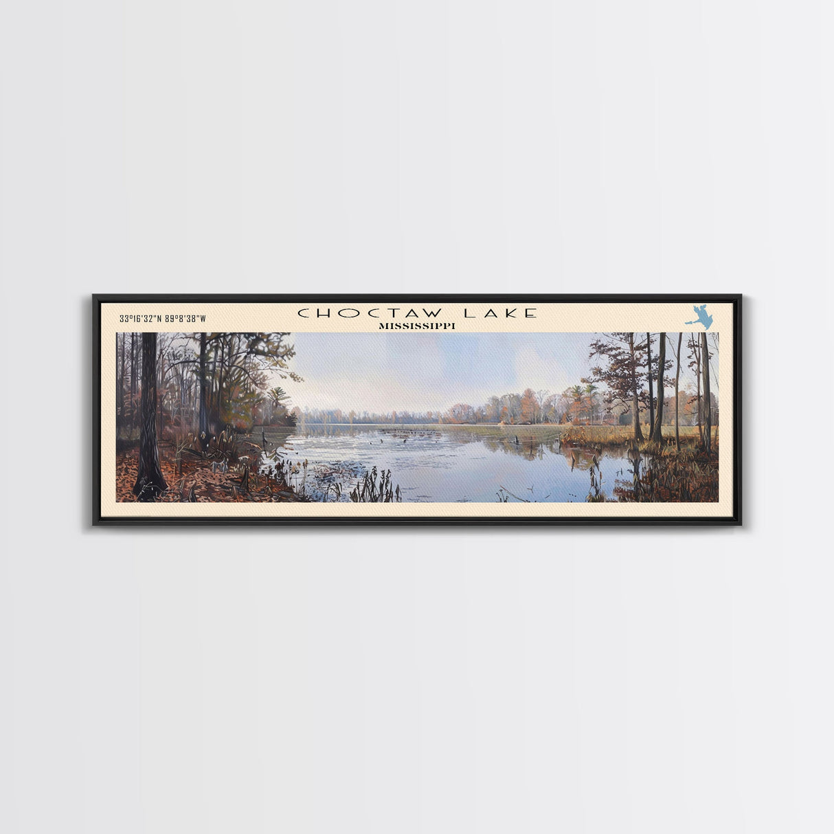 Choctaw Lake Mississippi Framed Canvas Print, Lake House Art, Panoramic Wide Wall Art, Travel Poster, Rustic Lake Painting, Home Decor