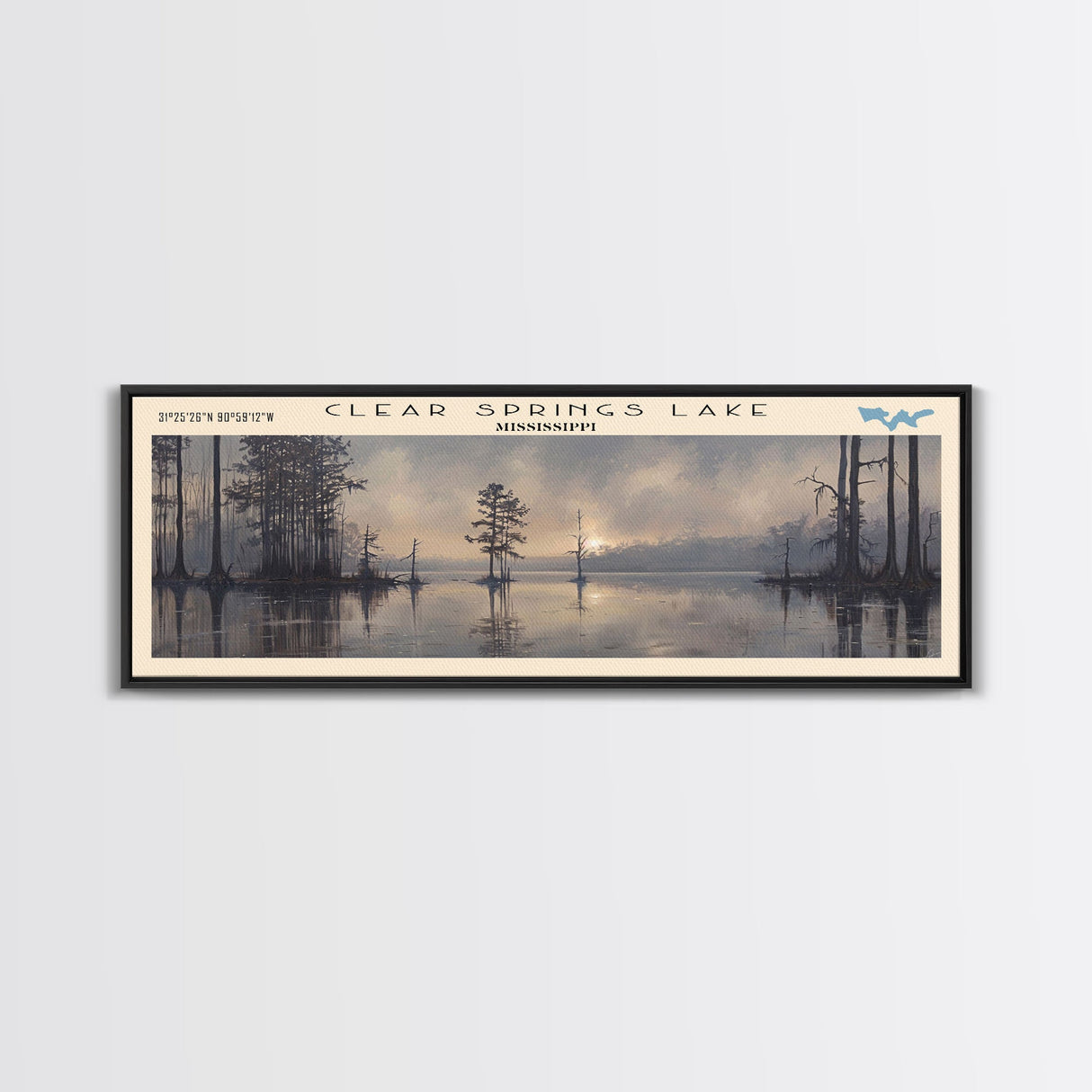 Clear Springs Lake Mississippi Framed Canvas Print, Panoramic Lake House Decor, Wide Wall Art, Travel Poster, Modern Lake Painting, Nature Art