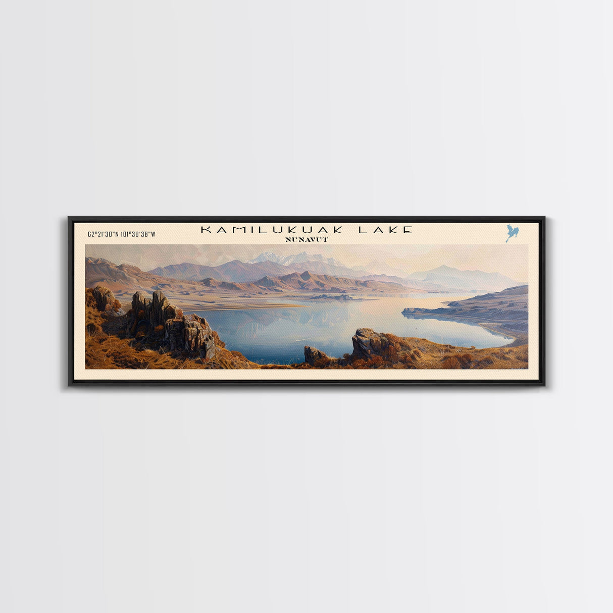 Kamilukuak Lake Framed Canvas Print, Lake House Decor, Panoramic Wall Art, Travel Poster, Captivating Lake Painting, Nature Art