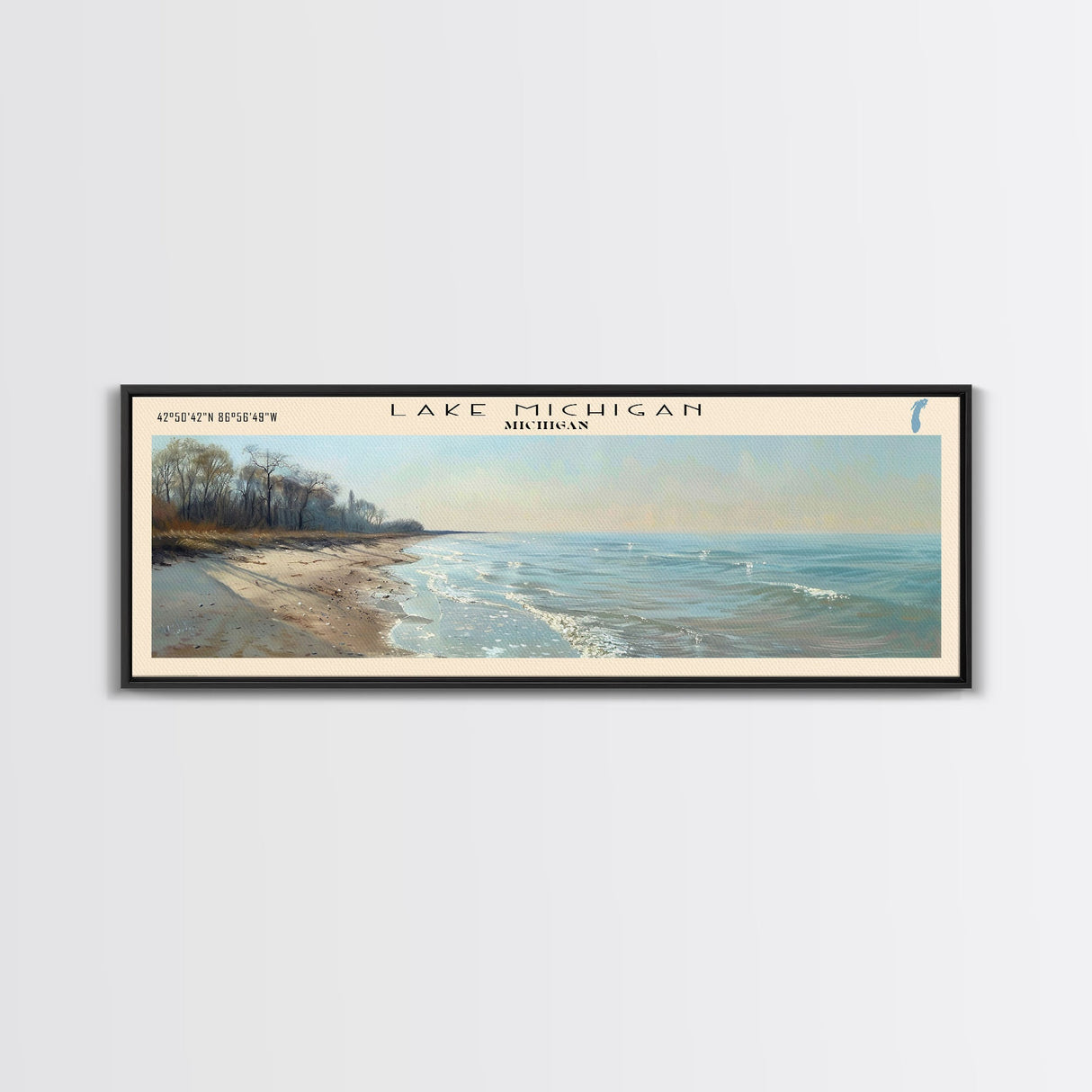 Lake Michigan Framed Canvas Print, Lake House Decor, Panoramic Wall Art, Travel Poster, Beautiful Landscape Painting, Bedroom Decor