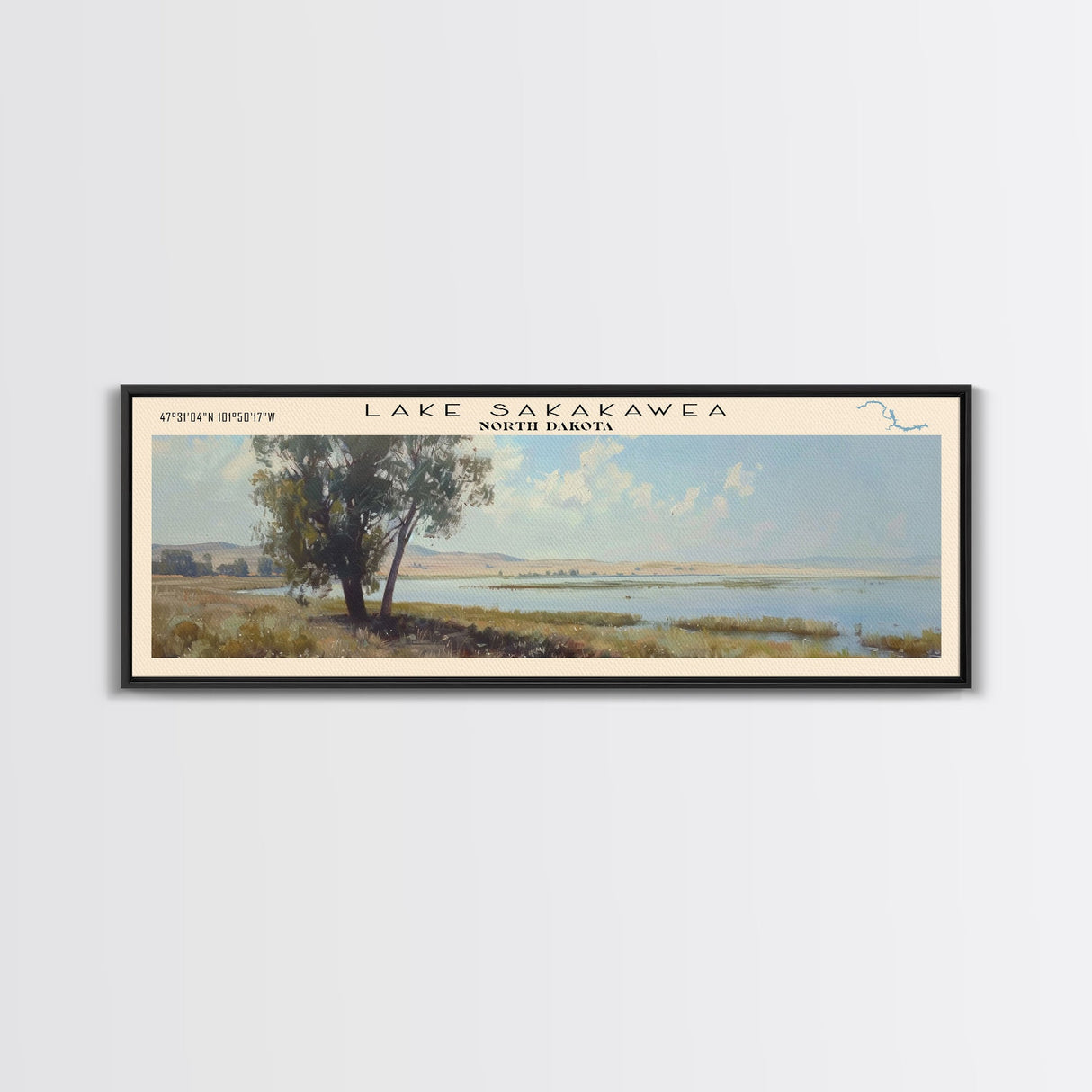 Lake Sakakawea, Boho Art, Beautiful Landscape, Travel Poster Art, Wall Art, Home Decor, Nature Scene, Lake Painting, Minimalist Art, Modern Art, Travel Print, Framed Canvas Print, Lake House Decor, Panoramic Print