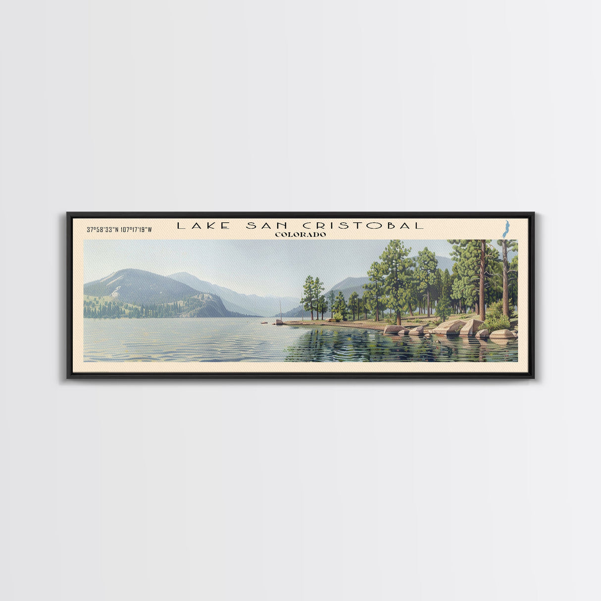 Lake San Cristobal, Boho Art, Beautiful Landscape, Travel Poster Art, Wall Art, Home Decor, Nature Scene, Lake Painting, Minimalist Art, Living Room Decor, Travel Print, Framed Canvas Print, Lake House Decor, Panoramic Print