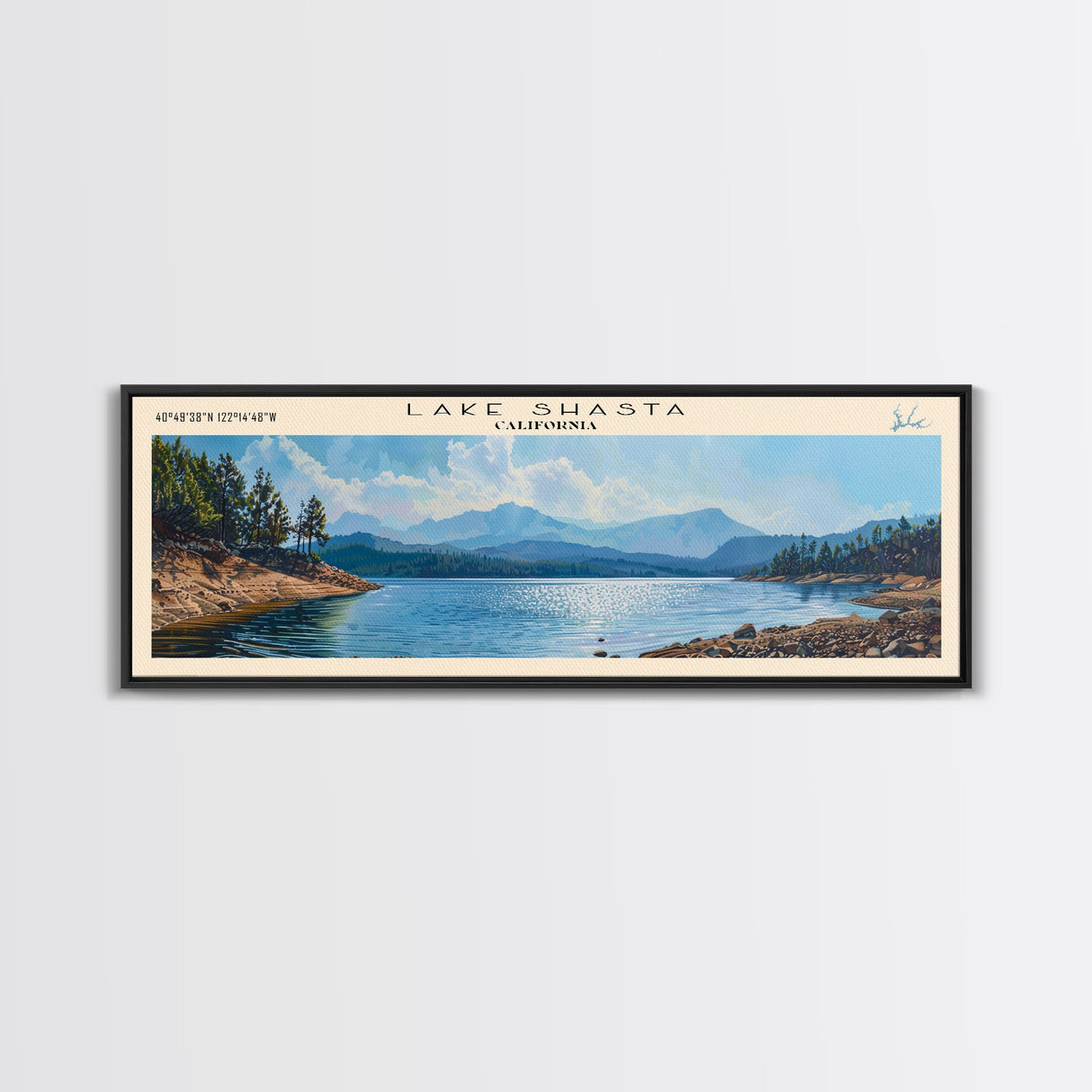 Lake Shasta, Boho Art, Beautiful Landscape, Travel Poster Art, Wall Art, Home Decor, Nature Scene, Lake Painting, Minimalist Art, Rustic Art, Travel Print, Framed Canvas Print, Lake House Decor, Panoramic Print