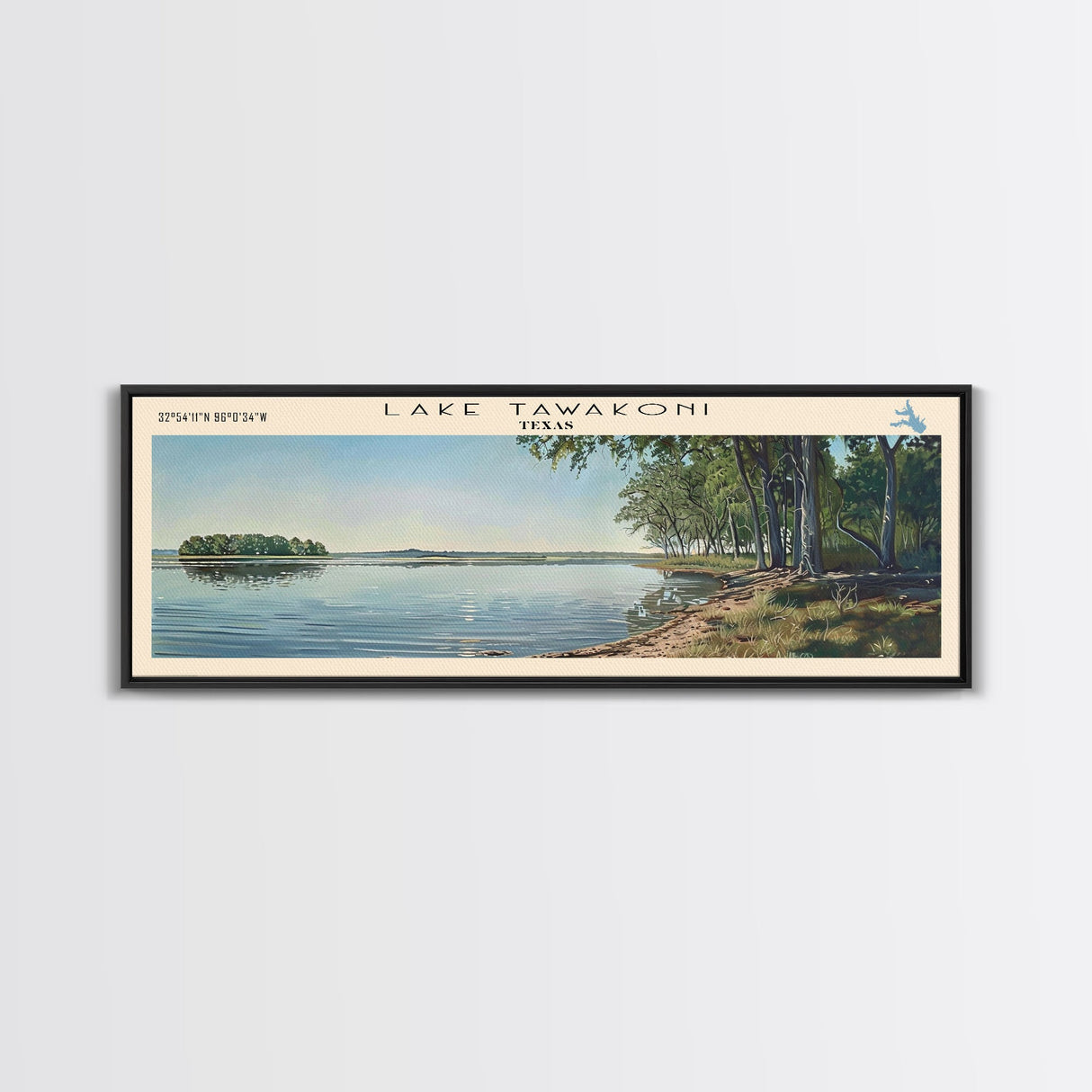 Lake Tawakoni Texas Framed Canvas Print, Lake House Decor, Panoramic Wall Art, Travel Poster, Stunning Landscape Painting, Bedroom Decor