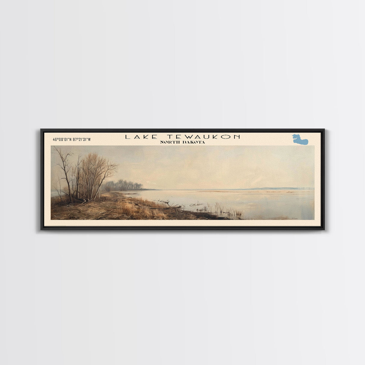 Lake Tewaukon North Dakota Framed Canvas Print, Lake House Decor, Panoramic Wall Art, Travel Poster, Scenic Landscape Painting, Contemporary Art