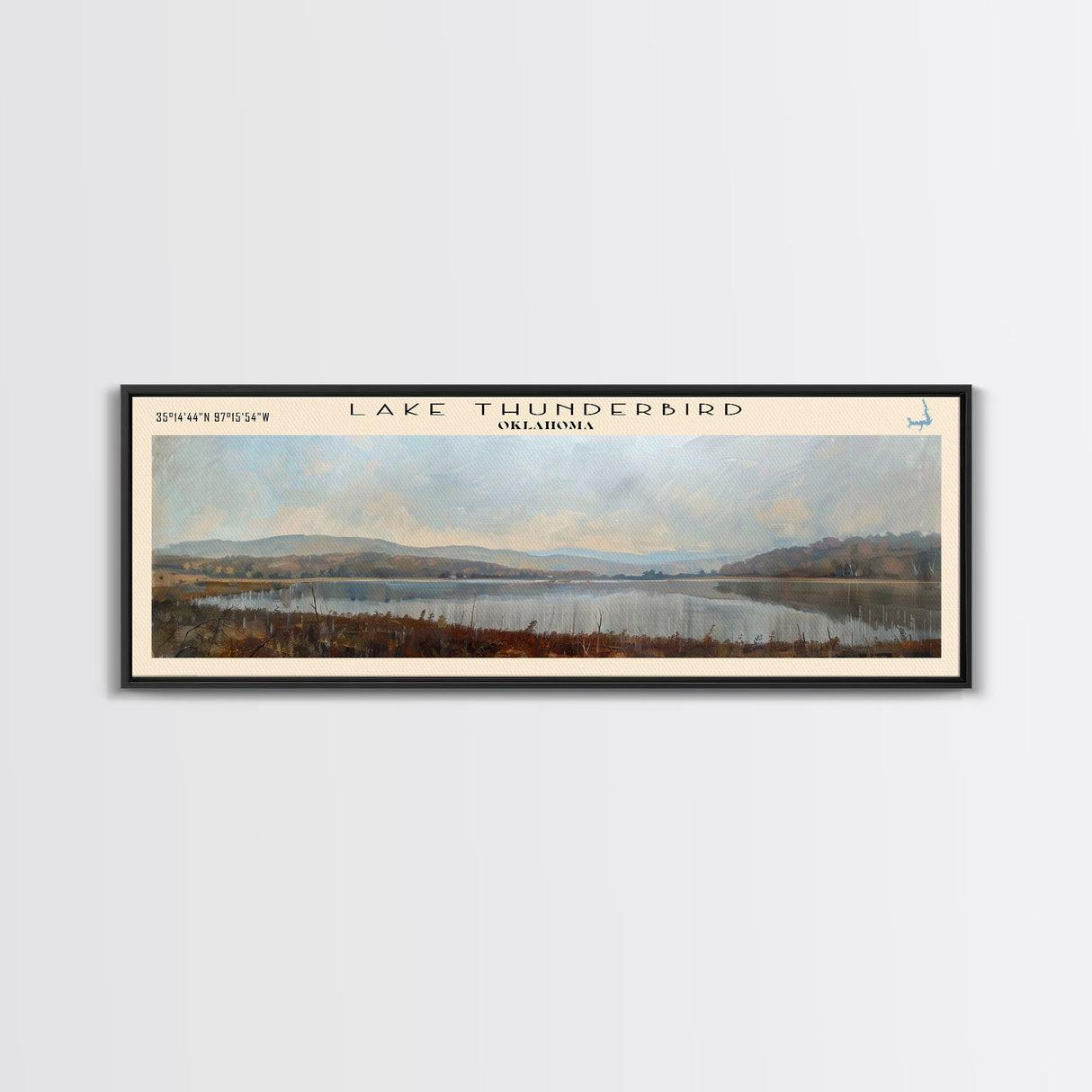 Lake Thunderbird Oklahoma Framed Canvas Print, Lake House Decor, Panoramic Wall Art, Travel Poster, Scenic Landscape Painting, Bedroom Decor