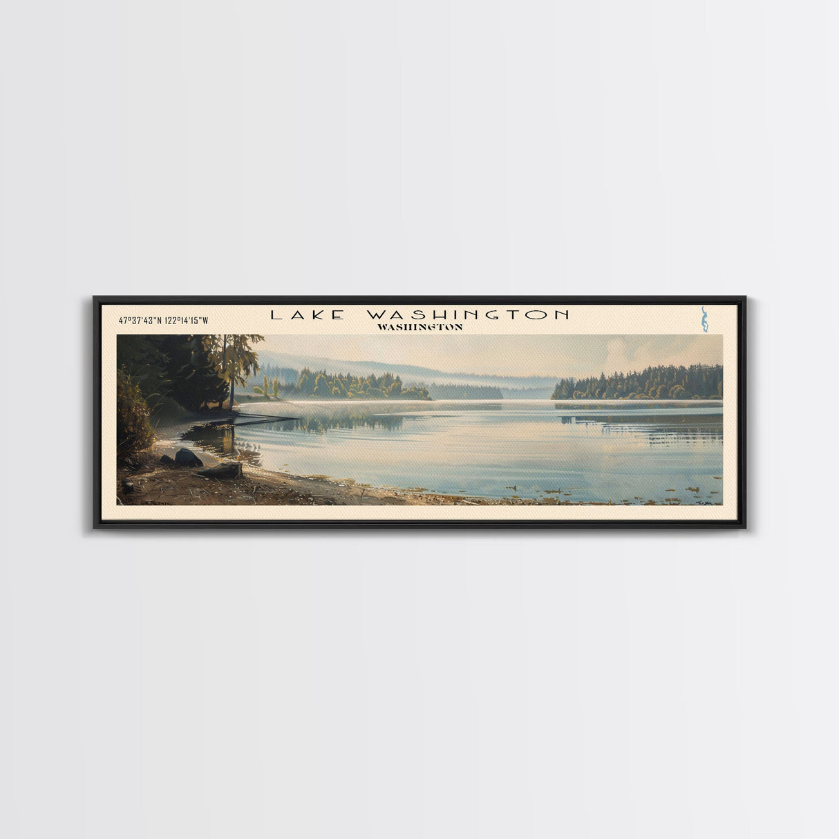 Lake Washington Framed Canvas Print, Lake House Decor, Panoramic Wall Art, Travel Poster, Scenic Landscape Painting, Bedroom Decor