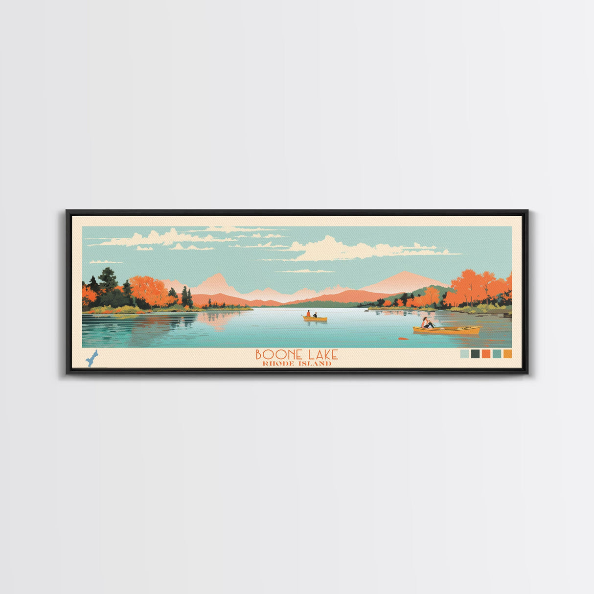 Boone Lake Rhode Island Framed Canvas Print, Panoramic Travel Poster, Midcentury Modern Wall Art, Pop Art, Nature Bedroom Decor, Scenic Lake House Art